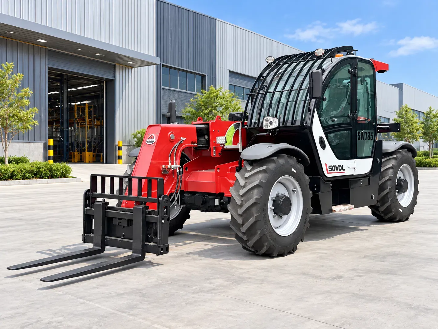Telehandler idrostatico SOVOL SW735H con attacco a forche per pallet per applicazioni in edilizia, agricoltura e movimentazione materiali