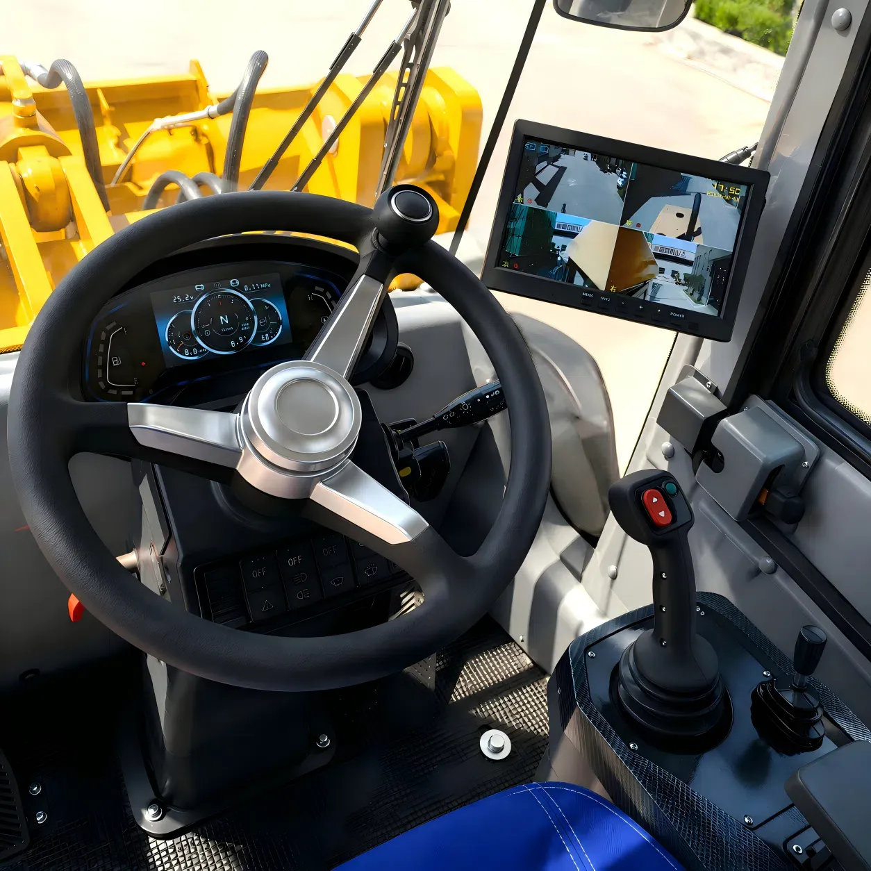SOVOL wheel loader upgraded wide-body cab with luxury operator seat, large glass windows and spacious control area, providing better visibility, comfort and practical operation for long working hours.