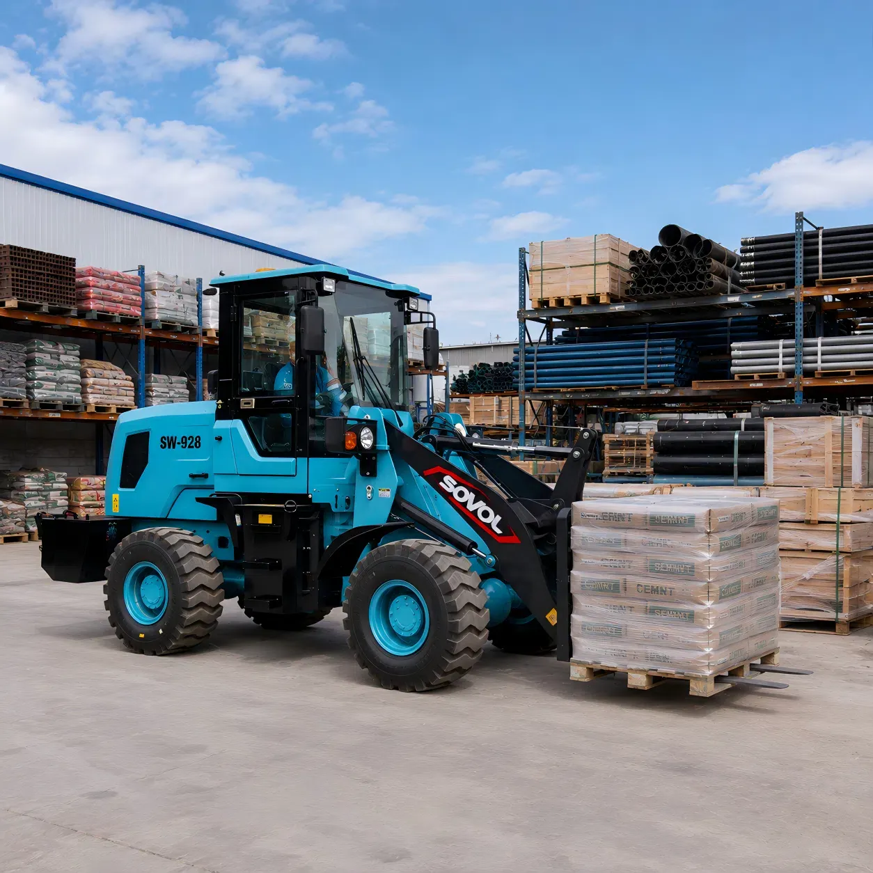SOVOL SW928 tekerlekli yükleyici, endüstriyel bir depolama sahasında palet çatalı aparatıyla çalışarak paketlenmiş malzemeleri, inşaat malzemelerini ve depo ürünlerini yükleme alanları arasında taşır.