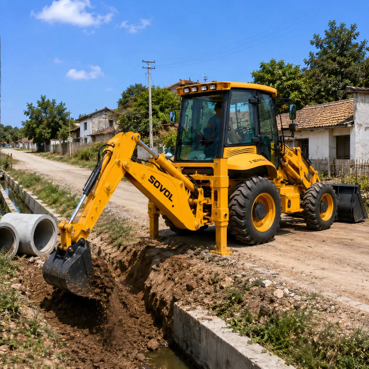 SOVOL-Baggerlader, der einen Straßengraben für die Entwässerung sowie den Bau ländlicher Infrastruktur und Versorgungseinrichtungen aushebt