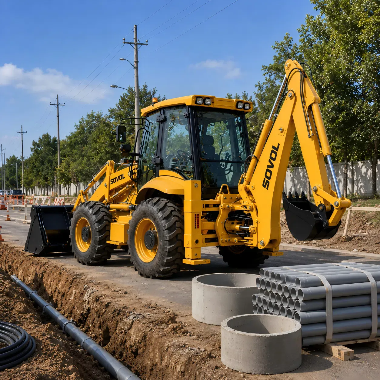 SOVOL kepçeli yükleyici, altyapı boruları ve beton halkalarının yanında konumlanmış; boru hattı ve altyapı montaj projeleri için hendek kazma, malzeme taşıma ve geri dolgu işlemlerini destekliyor.