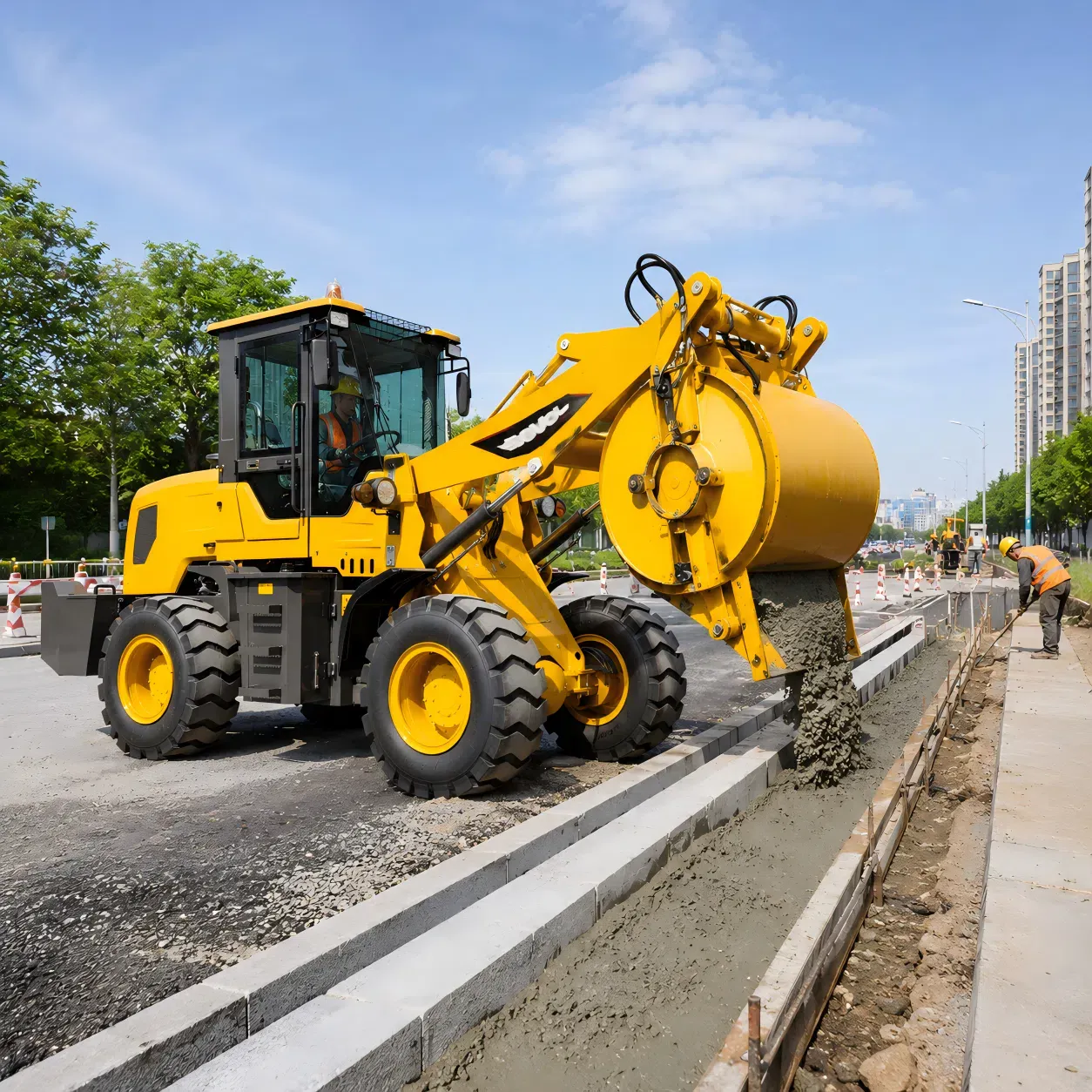 SOVOL tekerlekli yükleyici beton karıştırma kovası, belediye inşaat çalışmaları için bir yol drenaj kanalı boyunca beton yerleştiriyor.