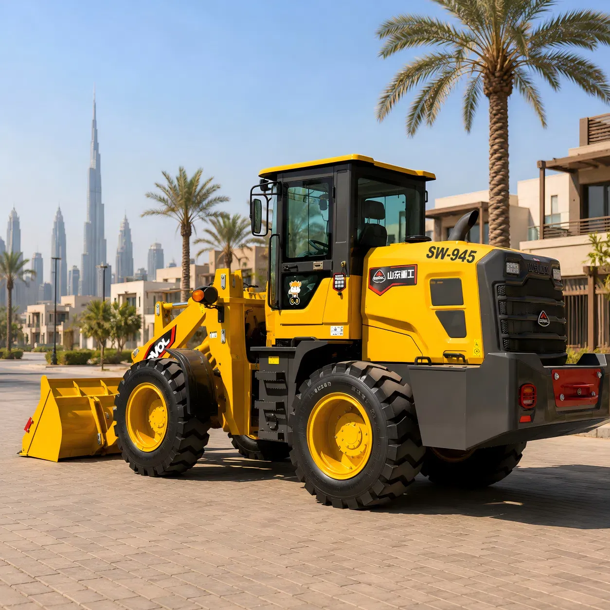 Dubai'deki bir SOVOL SW945 tekerlekli yükleyicinin arka üç çeyrek görünümü; BAE genelinde inşaat sahaları, endüstriyel alanlar ve genel malzeme taşıma işleri için tasarlanmıştır.